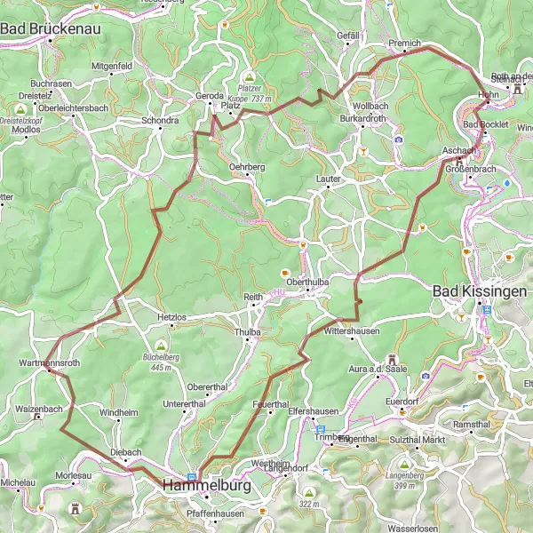 Map miniature of "Geroda - Bad Bocklet - Feuerthal - Wiedenberg" cycling inspiration in Unterfranken, Germany. Generated by Tarmacs.app cycling route planner