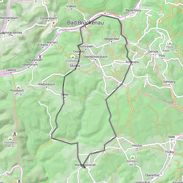 Map miniature of "Charming Villages of Unterfranken" cycling inspiration in Unterfranken, Germany. Generated by Tarmacs.app cycling route planner