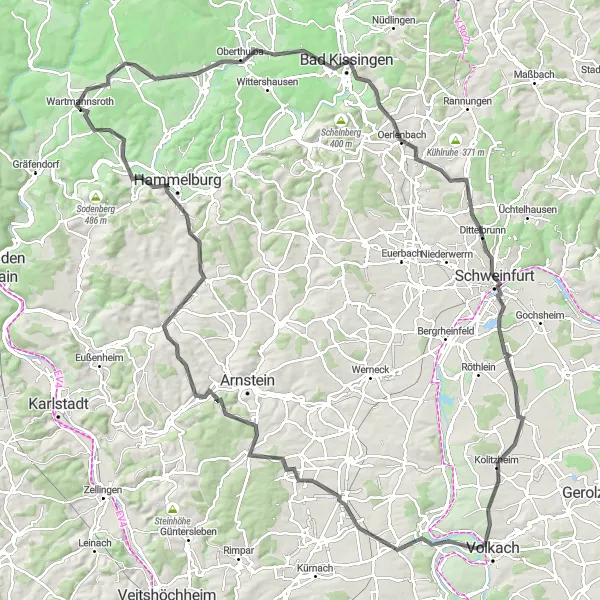 Map miniature of "Unterfranken Grand Tour" cycling inspiration in Unterfranken, Germany. Generated by Tarmacs.app cycling route planner