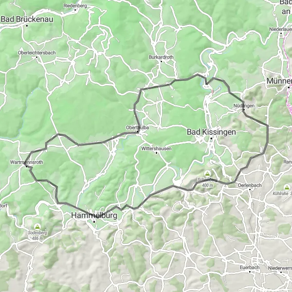 Map miniature of "Unterfranken Road Cycling Adventure" cycling inspiration in Unterfranken, Germany. Generated by Tarmacs.app cycling route planner