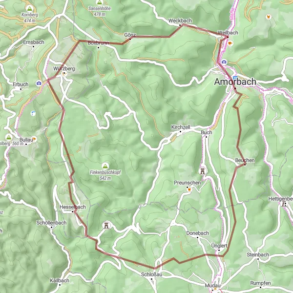 Map miniature of "Gotthardsberg and Amorbach Gravel Loop" cycling inspiration in Unterfranken, Germany. Generated by Tarmacs.app cycling route planner