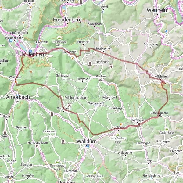 Map miniature of "Miltenberg and Hardheim Gravel Challenge" cycling inspiration in Unterfranken, Germany. Generated by Tarmacs.app cycling route planner