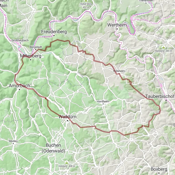 Map miniature of "Discover the Hidden Gem: Gravel Route through Miltenberg" cycling inspiration in Unterfranken, Germany. Generated by Tarmacs.app cycling route planner