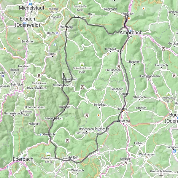 Map miniature of "Weilbach to Mudau Loop" cycling inspiration in Unterfranken, Germany. Generated by Tarmacs.app cycling route planner