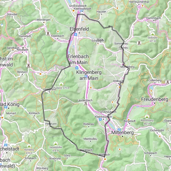 Map miniature of "Geißberg and Eschau Loop" cycling inspiration in Unterfranken, Germany. Generated by Tarmacs.app cycling route planner