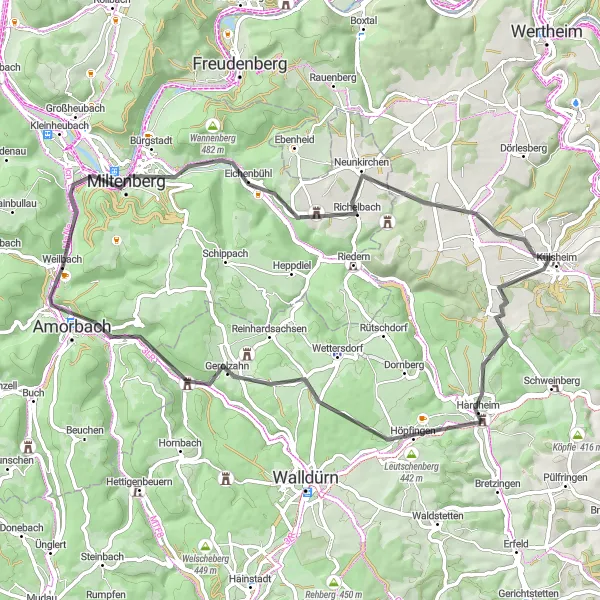 Map miniature of "Ride through Historic Landscapes: Road Cycling Route near Weilbach" cycling inspiration in Unterfranken, Germany. Generated by Tarmacs.app cycling route planner