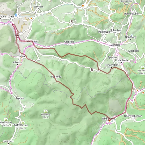 Karten-Miniaturansicht der Radinspiration "Rhön Höhenweg" in Unterfranken, Germany. Erstellt vom Tarmacs.app-Routenplaner für Radtouren