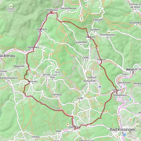 Karten-Miniaturansicht der Radinspiration "Gravel-Tour von Wildflecken nach Wildflecken über Schloss Aschach und Riedenberg" in Unterfranken, Germany. Erstellt vom Tarmacs.app-Routenplaner für Radtouren
