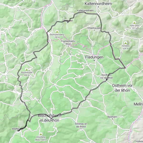 Karten-Miniaturansicht der Radinspiration "Entdeckungstour von Wildflecken nach Wildflecken über Hilders und Kaltensundheim" in Unterfranken, Germany. Erstellt vom Tarmacs.app-Routenplaner für Radtouren