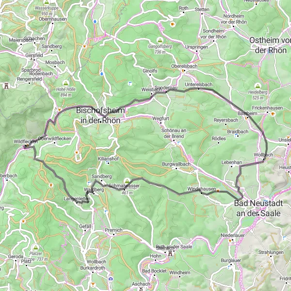 Karten-Miniaturansicht der Radinspiration "Rhön-Runde von Wildflecken" in Unterfranken, Germany. Erstellt vom Tarmacs.app-Routenplaner für Radtouren