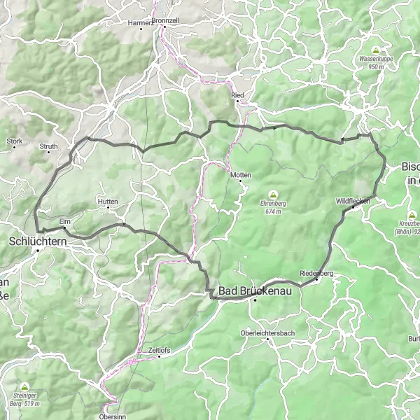 Karten-Miniaturansicht der Radinspiration "Kreisfahrradroute Wildflecken - Wildflecken über Bad Brückenau und Flieden" in Unterfranken, Germany. Erstellt vom Tarmacs.app-Routenplaner für Radtouren