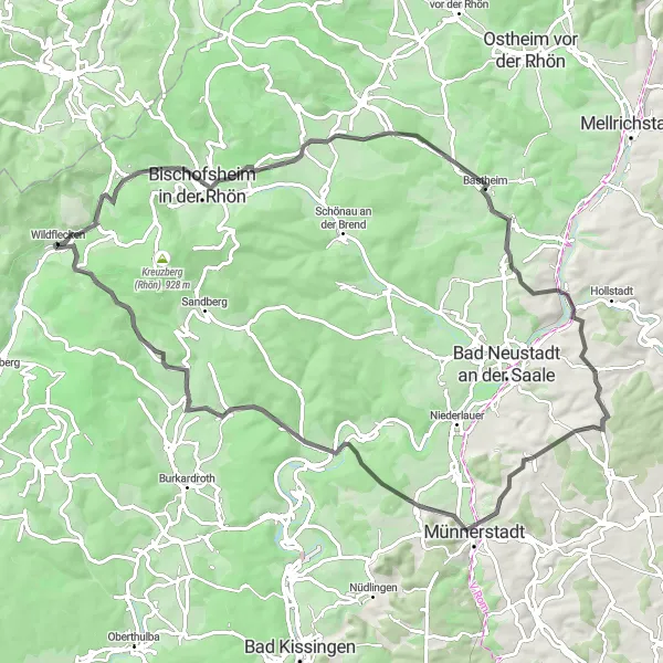 Karten-Miniaturansicht der Radinspiration "Panoramastraße Rhön" in Unterfranken, Germany. Erstellt vom Tarmacs.app-Routenplaner für Radtouren