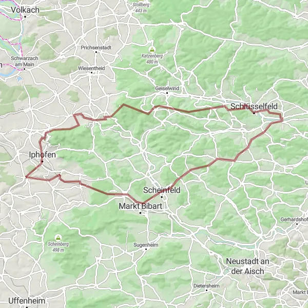 Map miniature of "Magical Gravel Routes in Unterfranken" cycling inspiration in Unterfranken, Germany. Generated by Tarmacs.app cycling route planner