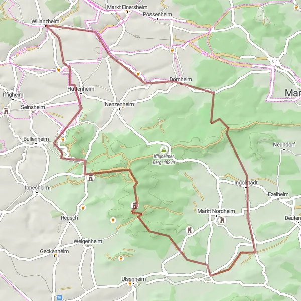 Map miniature of "Mönchsondheim and Burgruine Hohenlandsberg Gravel Route" cycling inspiration in Unterfranken, Germany. Generated by Tarmacs.app cycling route planner