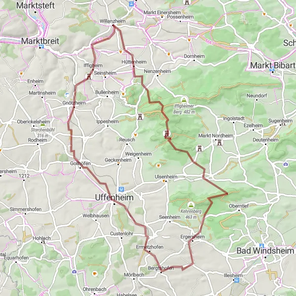 Map miniature of "Hoher Landsberg and Burgruine Hohenlandsberg Gravel Route" cycling inspiration in Unterfranken, Germany. Generated by Tarmacs.app cycling route planner