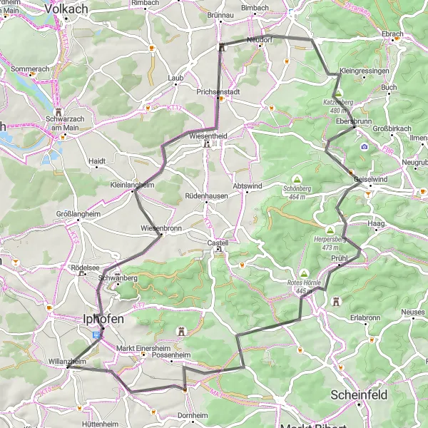 Map miniature of "Iphofen and Surroundings" cycling inspiration in Unterfranken, Germany. Generated by Tarmacs.app cycling route planner