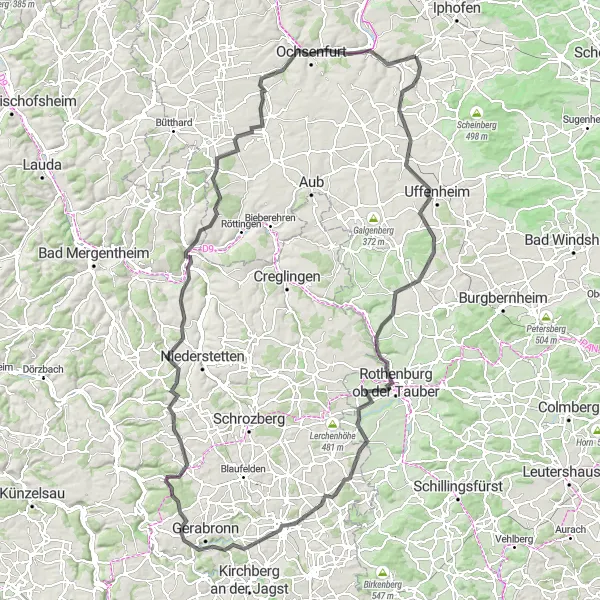 Map miniature of "Cycling Adventure in Southern Unterfranken" cycling inspiration in Unterfranken, Germany. Generated by Tarmacs.app cycling route planner