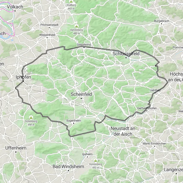 Map miniature of "Scenic Road Cycling from Iphofen to Markt Herrnsheim" cycling inspiration in Unterfranken, Germany. Generated by Tarmacs.app cycling route planner