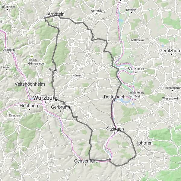 Map miniature of "Segnitz to Mainbernheim Road Route" cycling inspiration in Unterfranken, Germany. Generated by Tarmacs.app cycling route planner