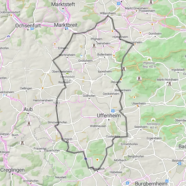 Map miniature of "The Willanzheim Loop" cycling inspiration in Unterfranken, Germany. Generated by Tarmacs.app cycling route planner