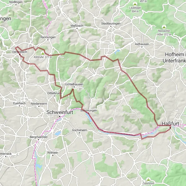 Map miniature of "Challenging Gravel Adventure" cycling inspiration in Unterfranken, Germany. Generated by Tarmacs.app cycling route planner