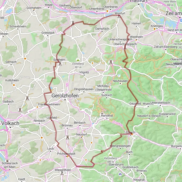 Map miniature of "Countryside Gravel Loop from Wonfurt" cycling inspiration in Unterfranken, Germany. Generated by Tarmacs.app cycling route planner