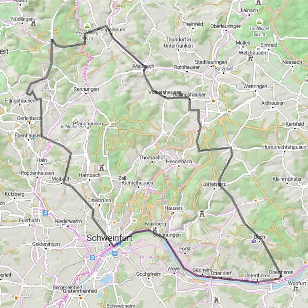 Map miniature of "Scenic Road Loop from Wonfurt" cycling inspiration in Unterfranken, Germany. Generated by Tarmacs.app cycling route planner