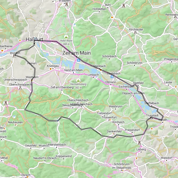 Karten-Miniaturansicht der Radinspiration "Rundtour von Wonfurt nach Priesendorf" in Unterfranken, Germany. Erstellt vom Tarmacs.app-Routenplaner für Radtouren