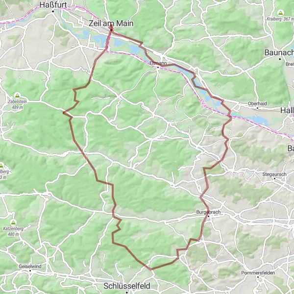 Karten-Miniaturansicht der Radinspiration "Abenteuerliche Schottertour rund um Zeil am Main" in Unterfranken, Germany. Erstellt vom Tarmacs.app-Routenplaner für Radtouren