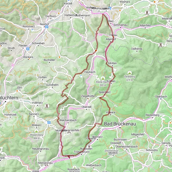 Karten-Miniaturansicht der Radinspiration "Bergauf und bergab durch Unterfranken" in Unterfranken, Germany. Erstellt vom Tarmacs.app-Routenplaner für Radtouren