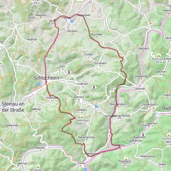 Map miniature of "Granite Hills Challenge" cycling inspiration in Unterfranken, Germany. Generated by Tarmacs.app cycling route planner