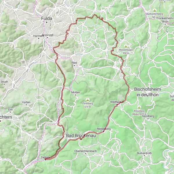 Map miniature of "Gravel Adventure through Rhön" cycling inspiration in Unterfranken, Germany. Generated by Tarmacs.app cycling route planner