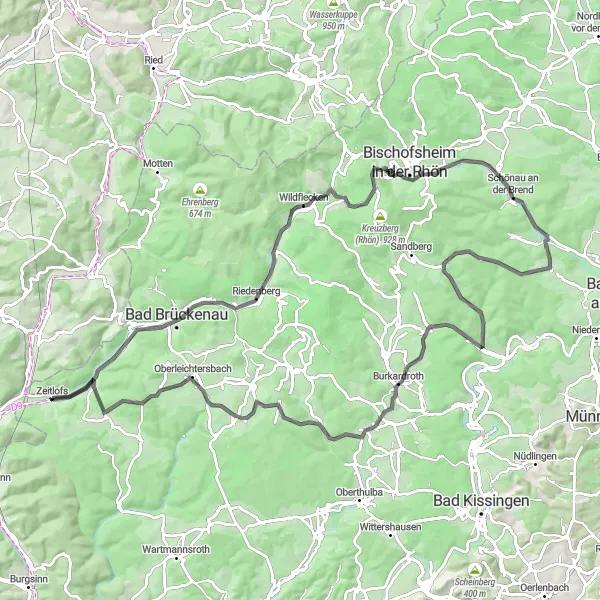 Karten-Miniaturansicht der Radinspiration "Rhön-Hochrhöner-Tour" in Unterfranken, Germany. Erstellt vom Tarmacs.app-Routenplaner für Radtouren