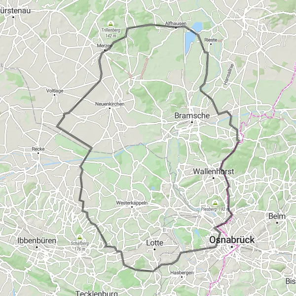 Map miniature of "Alfhausen to Merzen Road Route" cycling inspiration in Weser-Ems, Germany. Generated by Tarmacs.app cycling route planner