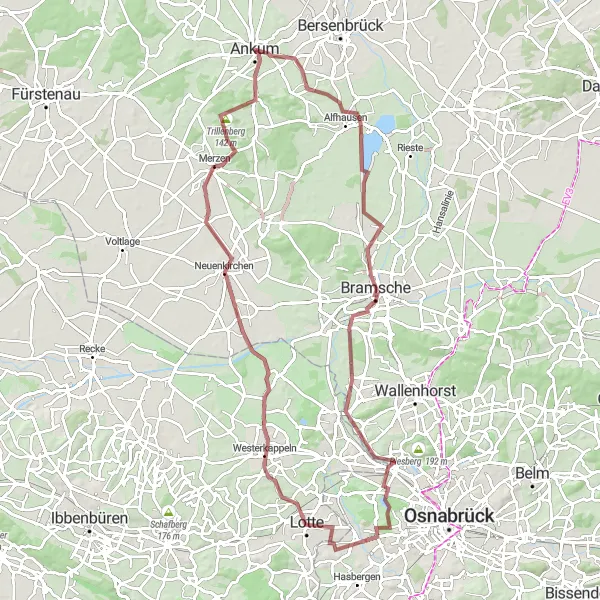 Map miniature of "Eversburg Gravel Loop" cycling inspiration in Weser-Ems, Germany. Generated by Tarmacs.app cycling route planner