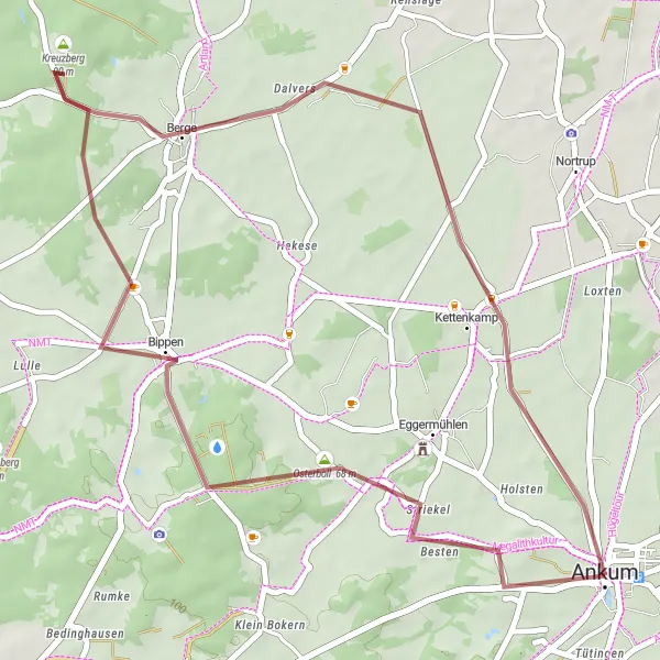 Karten-Miniaturansicht der Radinspiration "Abenteuerliche Tour nach Osterboll und Kreuzberg" in Weser-Ems, Germany. Erstellt vom Tarmacs.app-Routenplaner für Radtouren