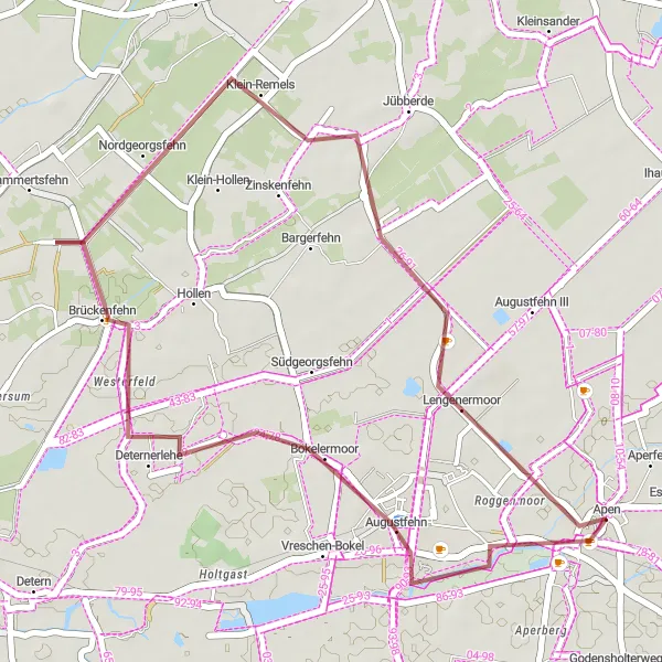 Map miniature of "Gravel Adventure through Klein-Remels and Lengenermoor" cycling inspiration in Weser-Ems, Germany. Generated by Tarmacs.app cycling route planner