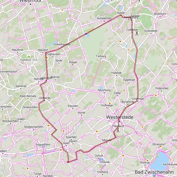 Map miniature of "Villages and Nature Gravel Ride" cycling inspiration in Weser-Ems, Germany. Generated by Tarmacs.app cycling route planner