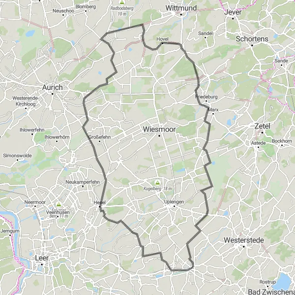 Map miniature of "Apen to Leerhafe: Discovering the Countryside" cycling inspiration in Weser-Ems, Germany. Generated by Tarmacs.app cycling route planner