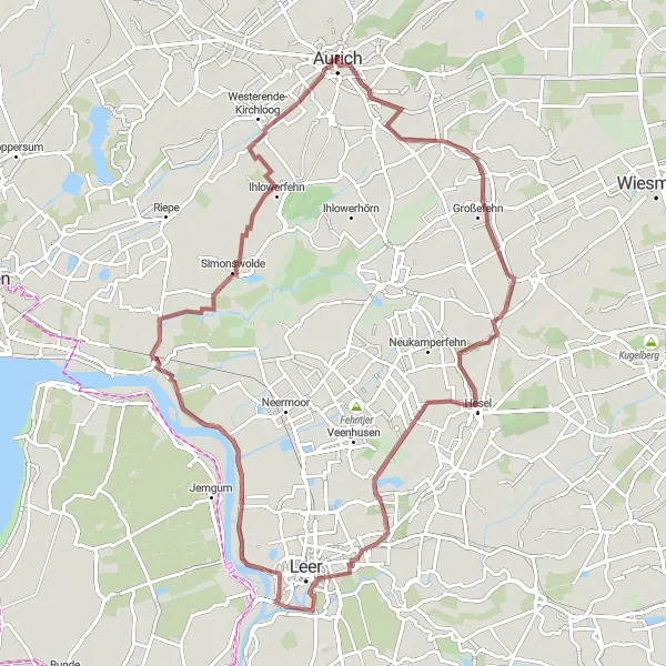 Map miniature of "Gravel Tour around Aurich and Großefehn" cycling inspiration in Weser-Ems, Germany. Generated by Tarmacs.app cycling route planner