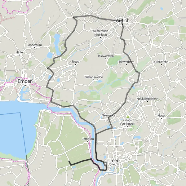 Map miniature of "Aurich and Surroundings" cycling inspiration in Weser-Ems, Germany. Generated by Tarmacs.app cycling route planner