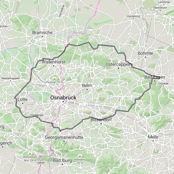 Map miniature of "Challenging Road Cycling Route showing the Best of Bad Essen" cycling inspiration in Weser-Ems, Germany. Generated by Tarmacs.app cycling route planner