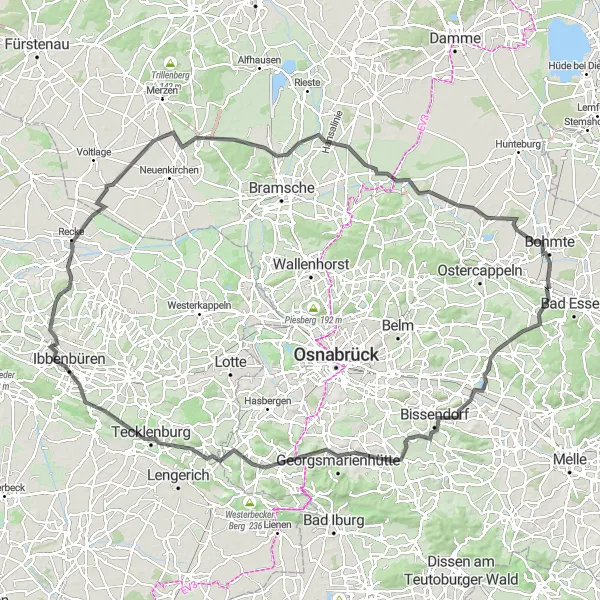 Map miniature of "Epic Road Cycling Route through Scenic Landscapes near Bad Essen" cycling inspiration in Weser-Ems, Germany. Generated by Tarmacs.app cycling route planner