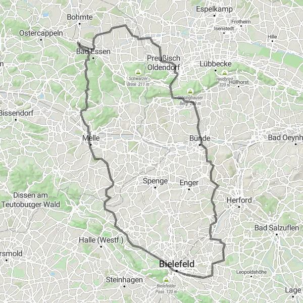 Karten-Miniaturansicht der Radinspiration "Historische Rundtour durch Preußisch Oldendorf und Bielefeld" in Weser-Ems, Germany. Erstellt vom Tarmacs.app-Routenplaner für Radtouren