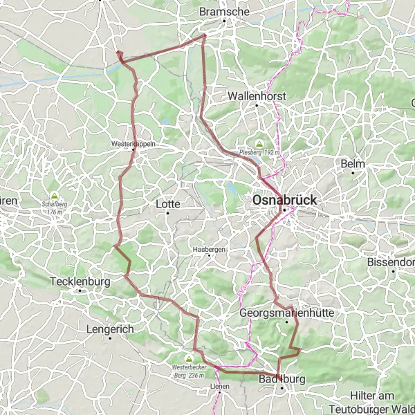 Karten-Miniaturansicht der Radinspiration "Rund um Bad Iburg und Osnabrück" in Weser-Ems, Germany. Erstellt vom Tarmacs.app-Routenplaner für Radtouren