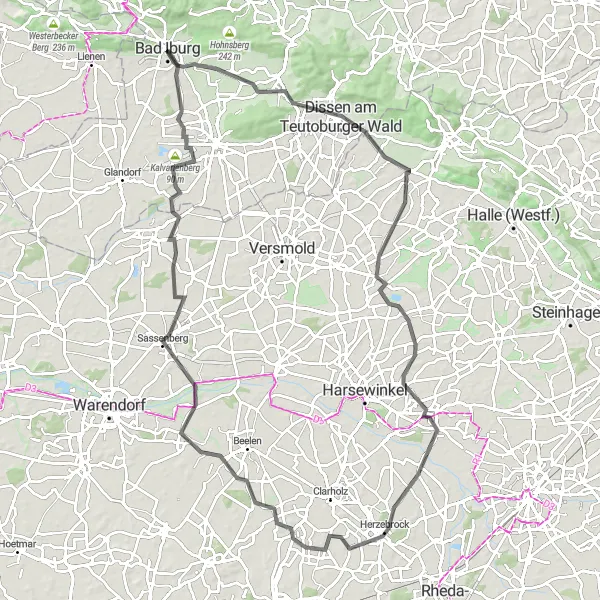 Map miniature of "Teutoburger Wald Ride" cycling inspiration in Weser-Ems, Germany. Generated by Tarmacs.app cycling route planner