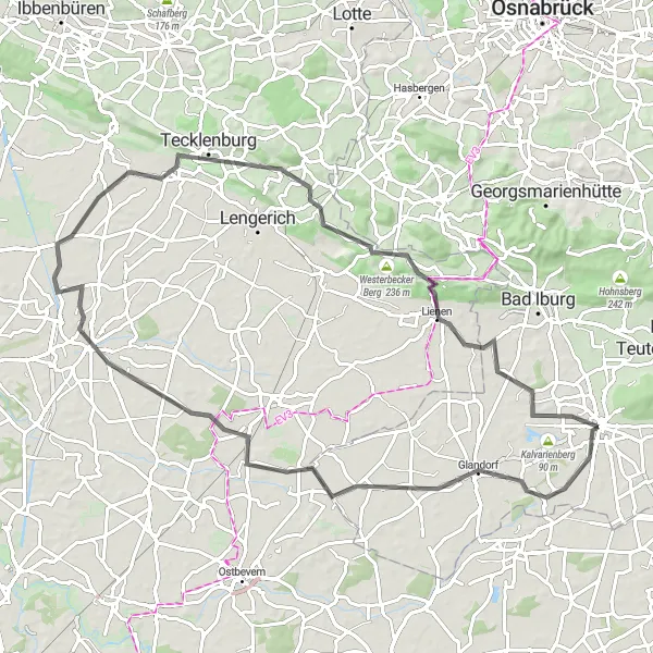 Karten-Miniaturansicht der Radinspiration "Herausfordernde Runde durch Tecklenburg" in Weser-Ems, Germany. Erstellt vom Tarmacs.app-Routenplaner für Radtouren