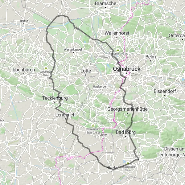 Map miniature of "Osnabrück and Tecklenburg Road Ride" cycling inspiration in Weser-Ems, Germany. Generated by Tarmacs.app cycling route planner