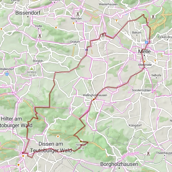 Map miniature of "Exploring Weser-Ems' Gravel Gems" cycling inspiration in Weser-Ems, Germany. Generated by Tarmacs.app cycling route planner