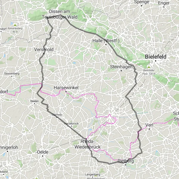 Karten-Miniaturansicht der Radinspiration "Panoramastraßenrunde um Bad Rothenfelde" in Weser-Ems, Germany. Erstellt vom Tarmacs.app-Routenplaner für Radtouren